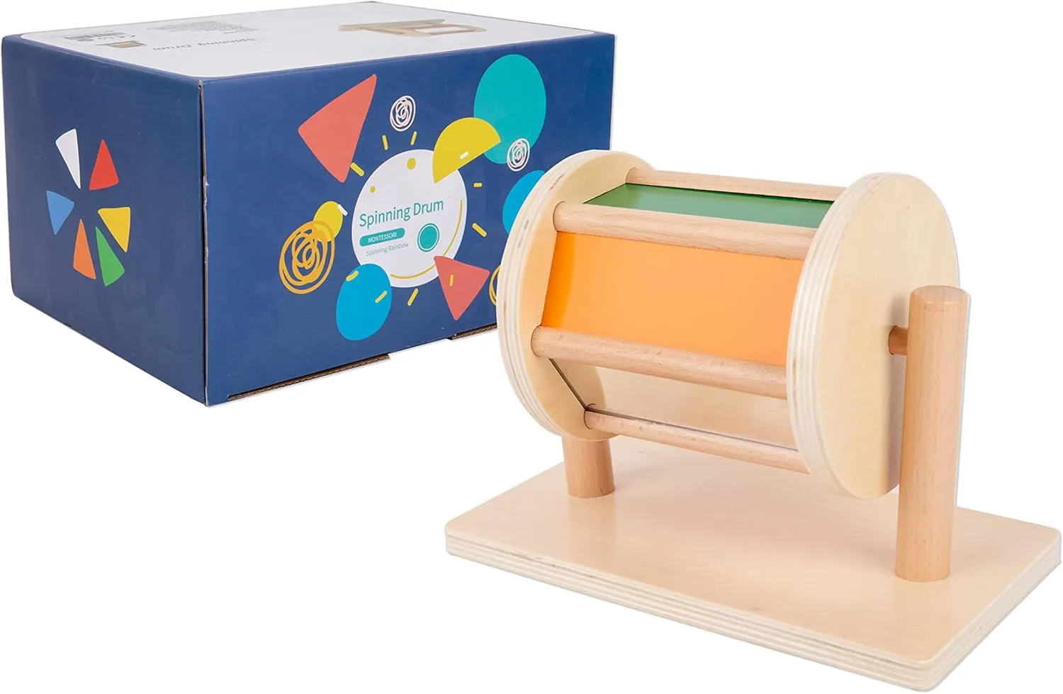 Montessori Toys for Babies 6-12 Months Wooden Baby Toy for 18 Months Infant Montessori Spinning Rainbow Drum with Mirror and Bell,Boys and Girls Toys Gift for Large Size 11" X 6.3"X 8.3"