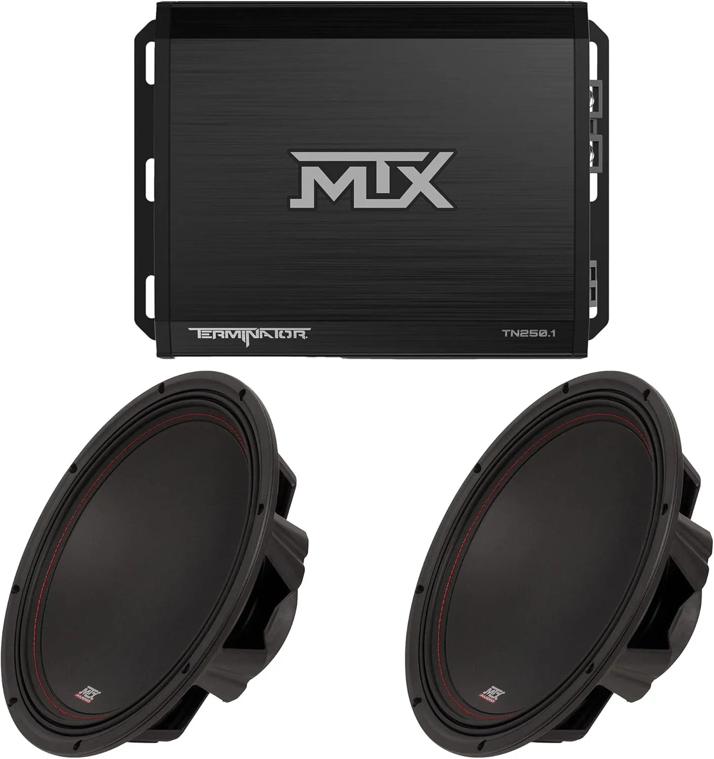 MTX Terminator 250-Watt RMS 2Ω Mono Block Class D Amplifier and MTX Audio 3512-02 35-Series 12" 250W RMS 2-Ohm Subwoofer