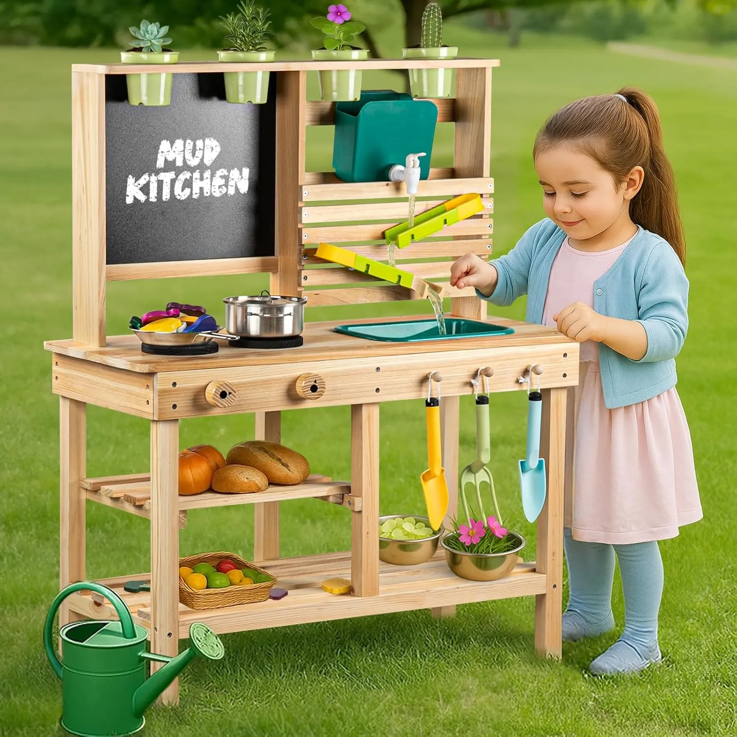 Mud Kitchen for Kids Outdoor, Toddler Wooden Pretend Play Kitchen Playset with Sink, Cookware, Stove, Chalkboard, Faucet & Storage Shelves for Backyard Garden Toy Gift for Ages 3 