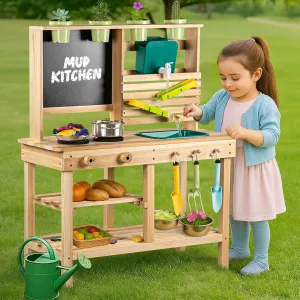 Mud Kitchen for Kids Outdoor, Toddler Wooden Pretend Play Kitchen Playset with Sink, Cookware, Stove, Chalkboard, Faucet & Storage Shelves for Backyard Garden Toy Gift for Ages 3 