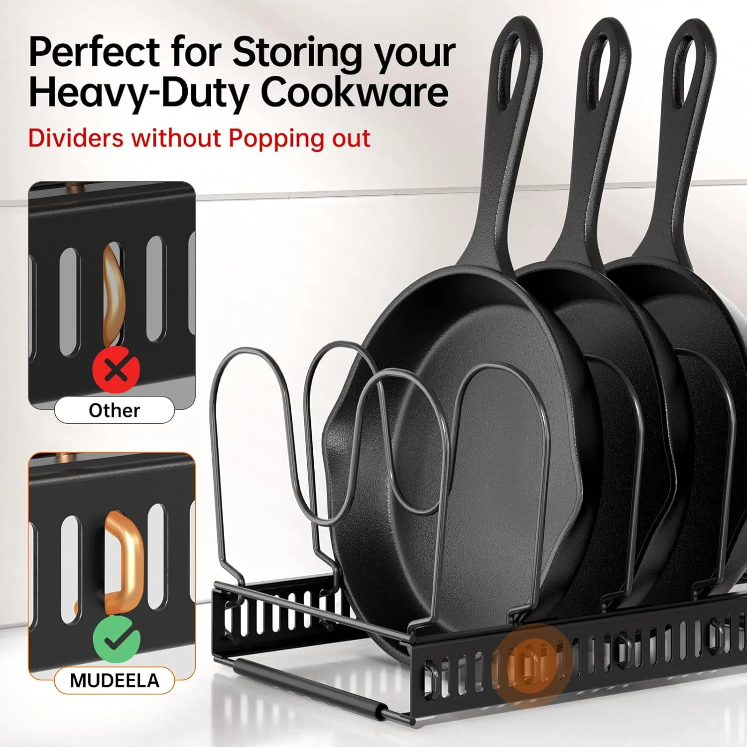 MUDEELA Expandable Pots and Pans Organizer Rack under Cabinet, Pots Lid Organizer Rack for Kitchen Cabinet Organizers and Storage with 12 Adjustable Dividers and Anti-scratch Strip