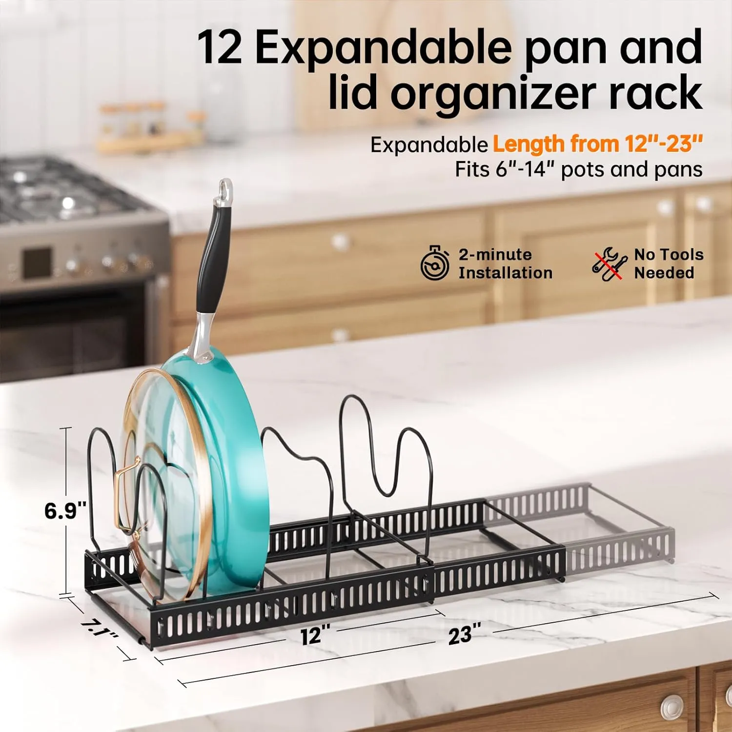 MUDEELA Expandable Pots and Pans Organizer Rack under Cabinet, Pots Lid Organizer Rack for Kitchen Cabinet Organizers and Storage with 12 Adjustable Dividers and Anti-scratch Strip