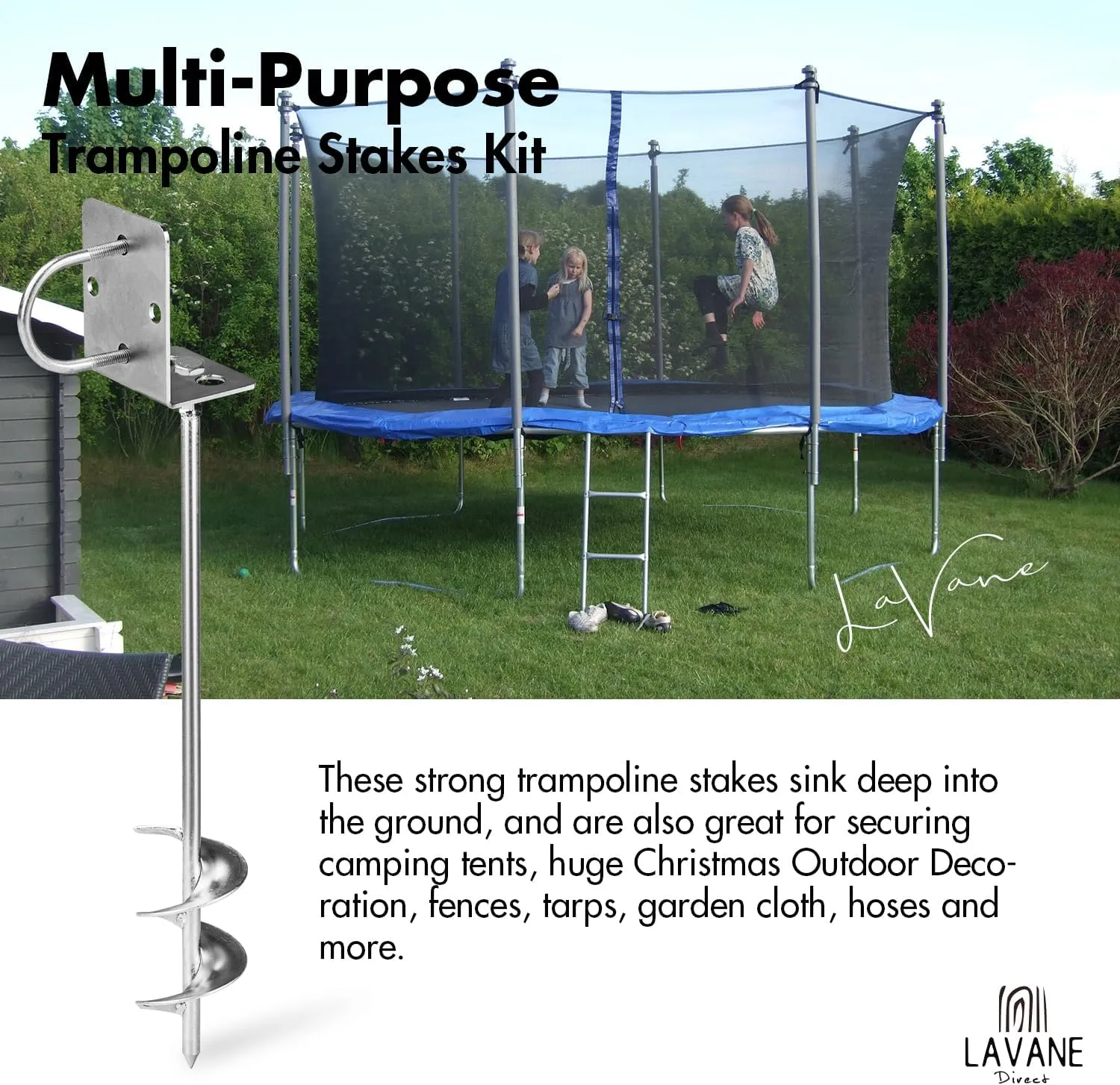 Multi-Purpose Trampoline Stakes Kit, LA VANE 3" Wider Spiral Ground Anchors Tent Stakes Heavy Duty Fully Welded Trampoline Anchors for Shed Swing Sets Carports Camping Tent Canopies