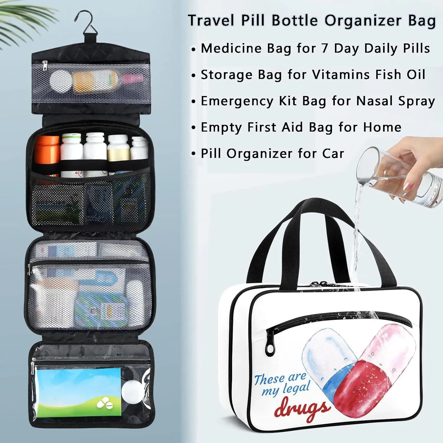 Naanle Pill Organizer Bag Travel Pill Bottle Medicine Organizer Home Storage Medication Bag for Vitamin Supplements, My Legal Drugs Empty First Aid Bag for Car Camping, 1.0 Count