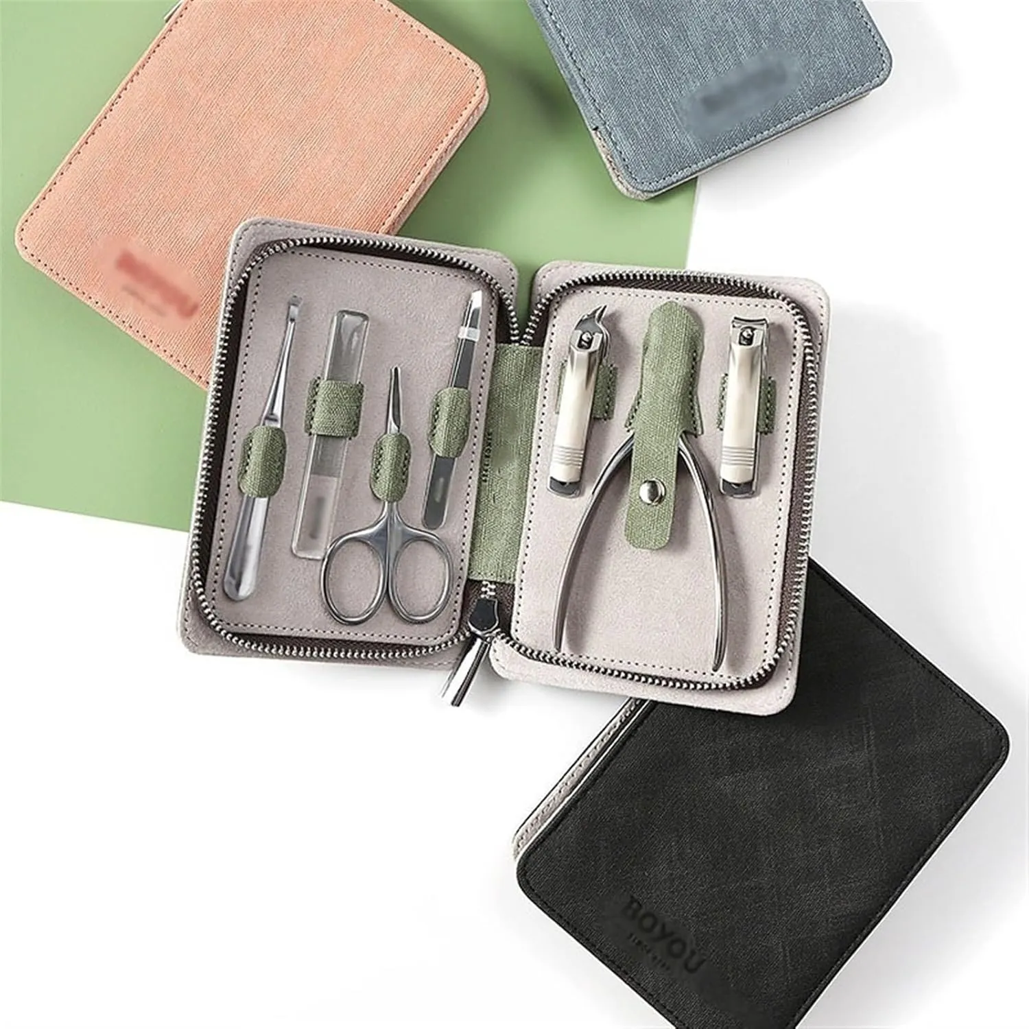 Nail Clipper Set Portable Nail Clipper Set, 7 Pieces Men Women Pedicure Grooming Kit, Sharp Finger and Toe Nail Tools with Leather Case Trim Package(Black)