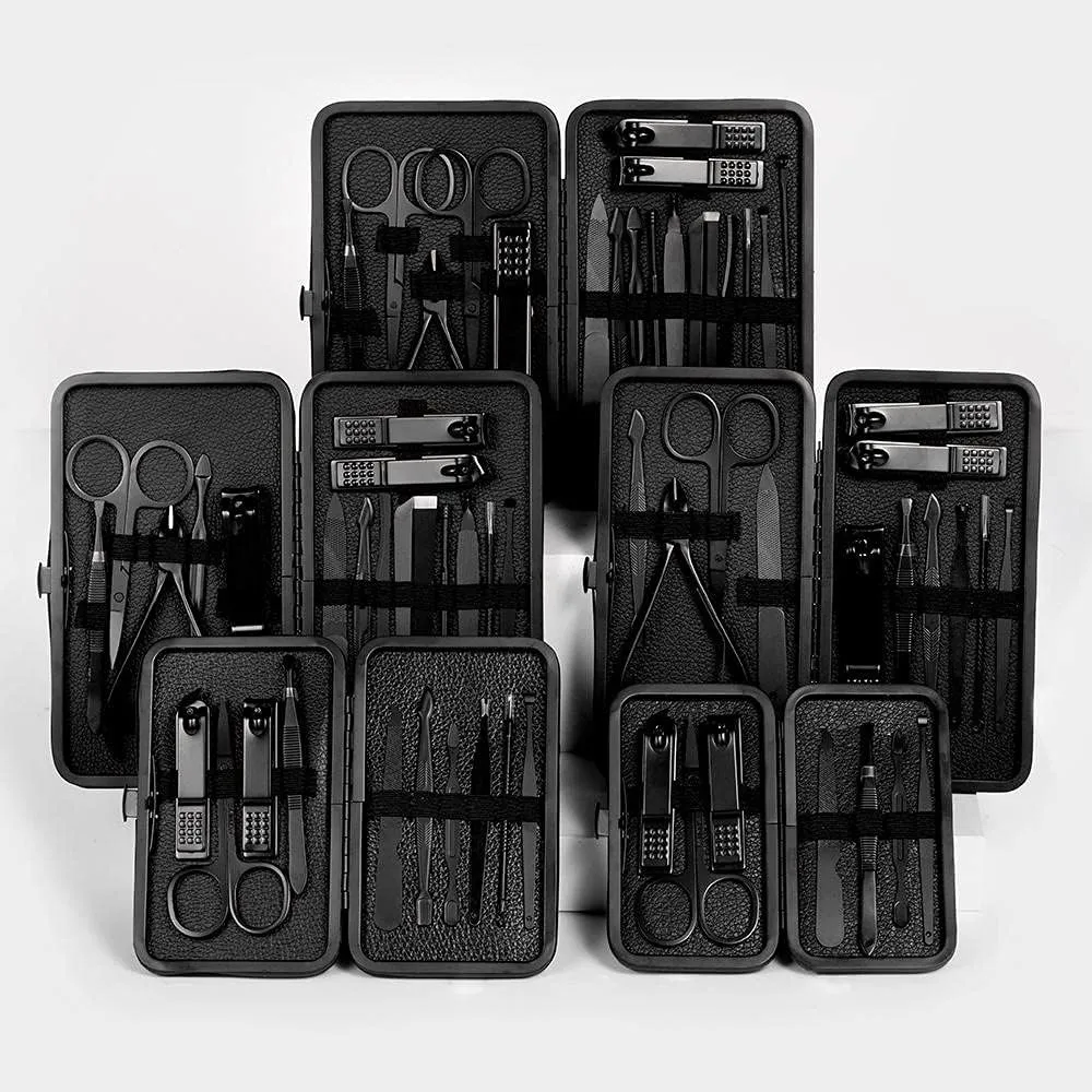 Nail Clippers Set, 7-18 Pieces Stainless Steel Manicure Pedicure Kit with Leather Case for Travel, Suitable for Unisex-Black_12 Piece Set(Black-7 Piece Set)