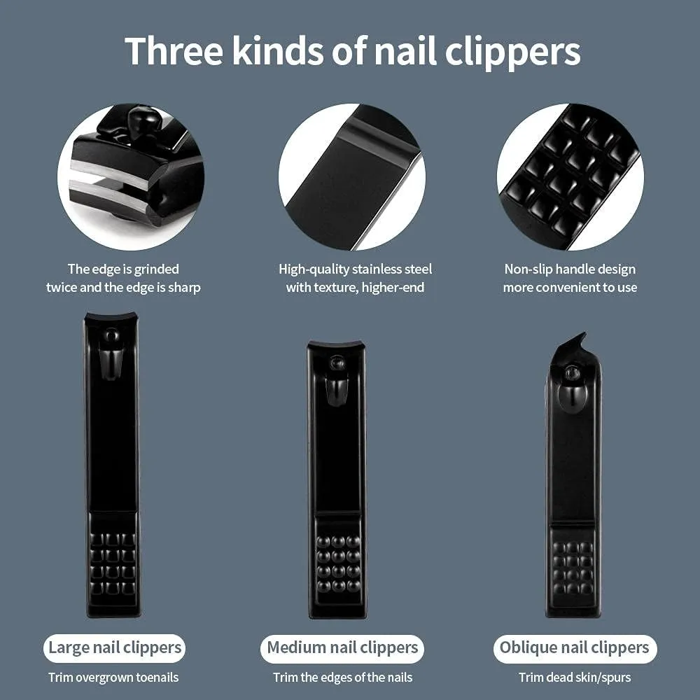 Nail Clippers Set, 7-18 Pieces Stainless Steel Manicure Pedicure Kit with Leather Case for Travel, Suitable for Unisex-Black_12 Piece Set(Black-7 Piece Set)
