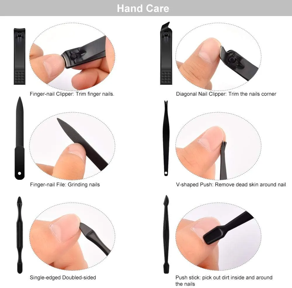 Nail Clippers Set, 7-18 Pieces Stainless Steel Manicure Pedicure Kit with Leather Case for Travel, Suitable for Unisex-Black_12 Piece Set(Black-7 Piece Set)