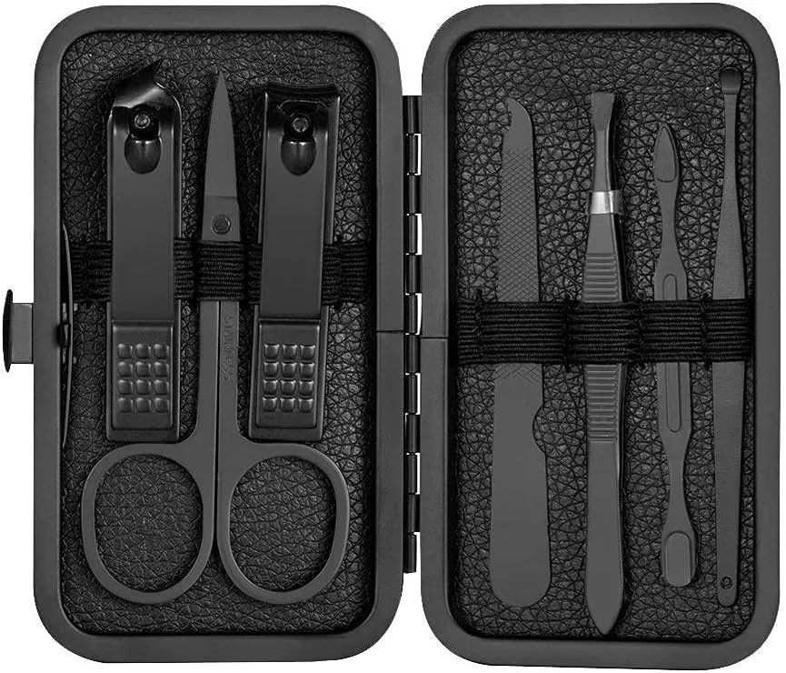 Nail Clippers Set, 7-18 Pieces Stainless Steel Manicure Pedicure Kit with Leather Case for Travel, Suitable for Unisex-Black_12 Piece Set(Black-7 Piece Set)