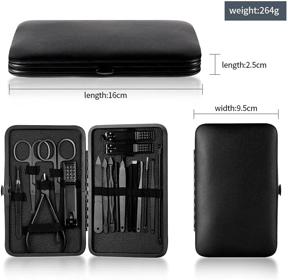 Nail Clippers Set, 7-18 Pieces Stainless Steel Manicure Pedicure Kit with Leather Case for Travel, Suitable for Unisex-Black_12 Piece Set(Black-7 Piece Set)