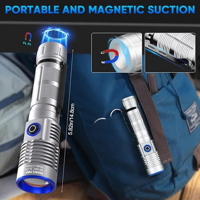 NAKCNM Magnetic Flashlight LED Rechargeable Flashlights High Lumens, 25000lm 4 Modes with Clip&Diffuser, Waterproof Super Bright Flashlights for Home Emergency Camping, Dimmable (Black Silver)