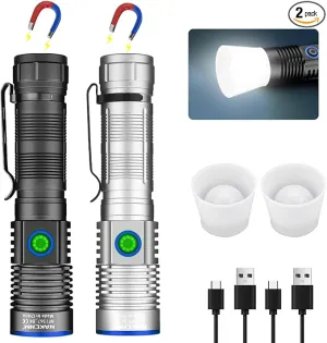 NAKCNM Magnetic Flashlight LED Rechargeable Flashlights High Lumens, 25000lm 4 Modes with Clip&Diffuser, Waterproof Super Bright Flashlights for Home Emergency Camping, Dimmable (Black Silver)