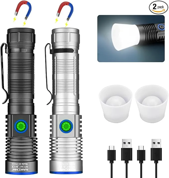 NAKCNM Magnetic Flashlight LED Rechargeable Flashlights High Lumens, 25000lm 4 Modes with Clip&Diffuser, Waterproof Super Bright Flashlights for Home Emergency Camping, Dimmable (Black Silver)