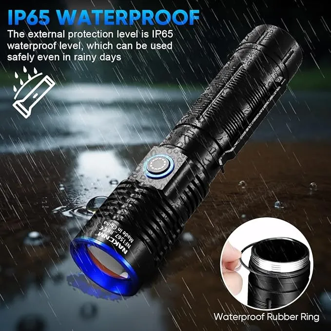 NAKCNM Magnetic Flashlight LED Rechargeable Flashlights High Lumens, 25000lm 4 Modes with Clip&Diffuser, Waterproof Super Bright Flashlights for Home Emergency Camping, Dimmable (Black Silver)