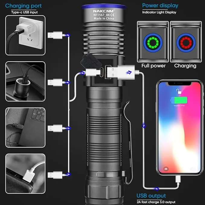 NAKCNM Magnetic Flashlight LED Rechargeable Flashlights High Lumens, 25000lm 4 Modes with Clip&Diffuser, Waterproof Super Bright Flashlights for Home Emergency Camping, Dimmable (Black Silver)
