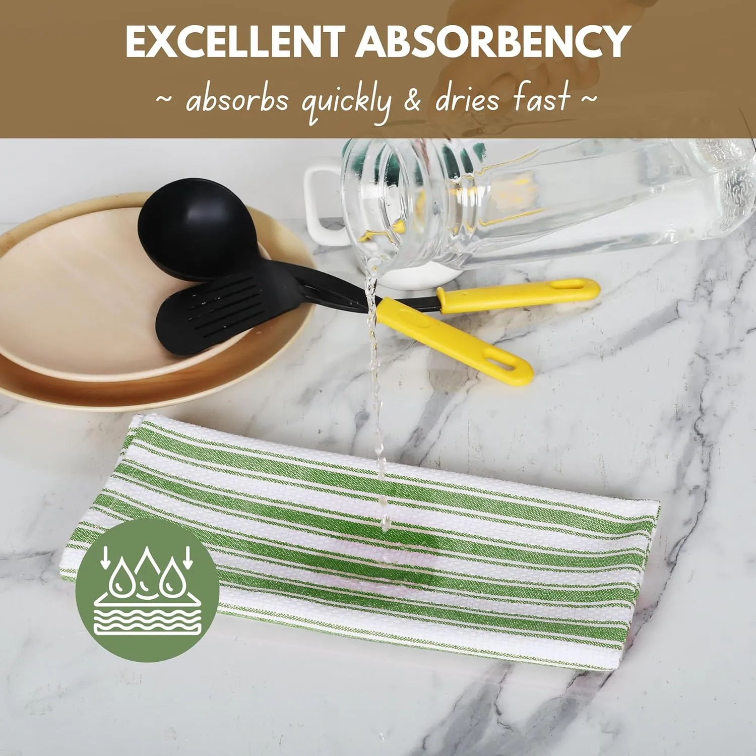 Native Fab Green Kitchen Towel - 12 Pack - 16x26 inches - Basket Weave Stripe Towels with Hanging Loop, Absorbent Cotton Towels for Cleaning, Drying Dishes, Washable Dish Cloths Set - Mint Green