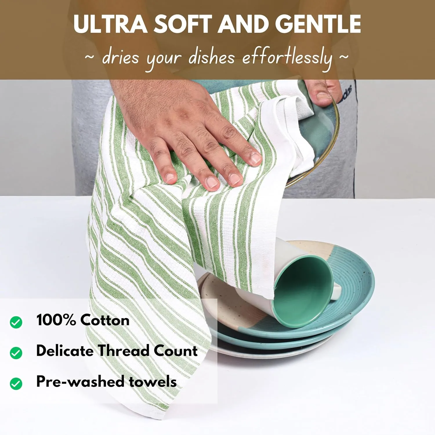 Native Fab Green Kitchen Towel - 12 Pack - 16x26 inches - Basket Weave Stripe Towels with Hanging Loop, Absorbent Cotton Towels for Cleaning, Drying Dishes, Washable Dish Cloths Set - Mint Green