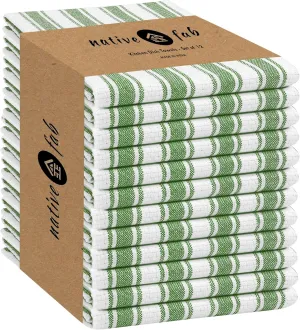 Native Fab Green Kitchen Towel - 12 Pack - 16x26 inches - Basket Weave Stripe Towels with Hanging Loop, Absorbent Cotton Towels for Cleaning, Drying Dishes, Washable Dish Cloths Set - Mint Green