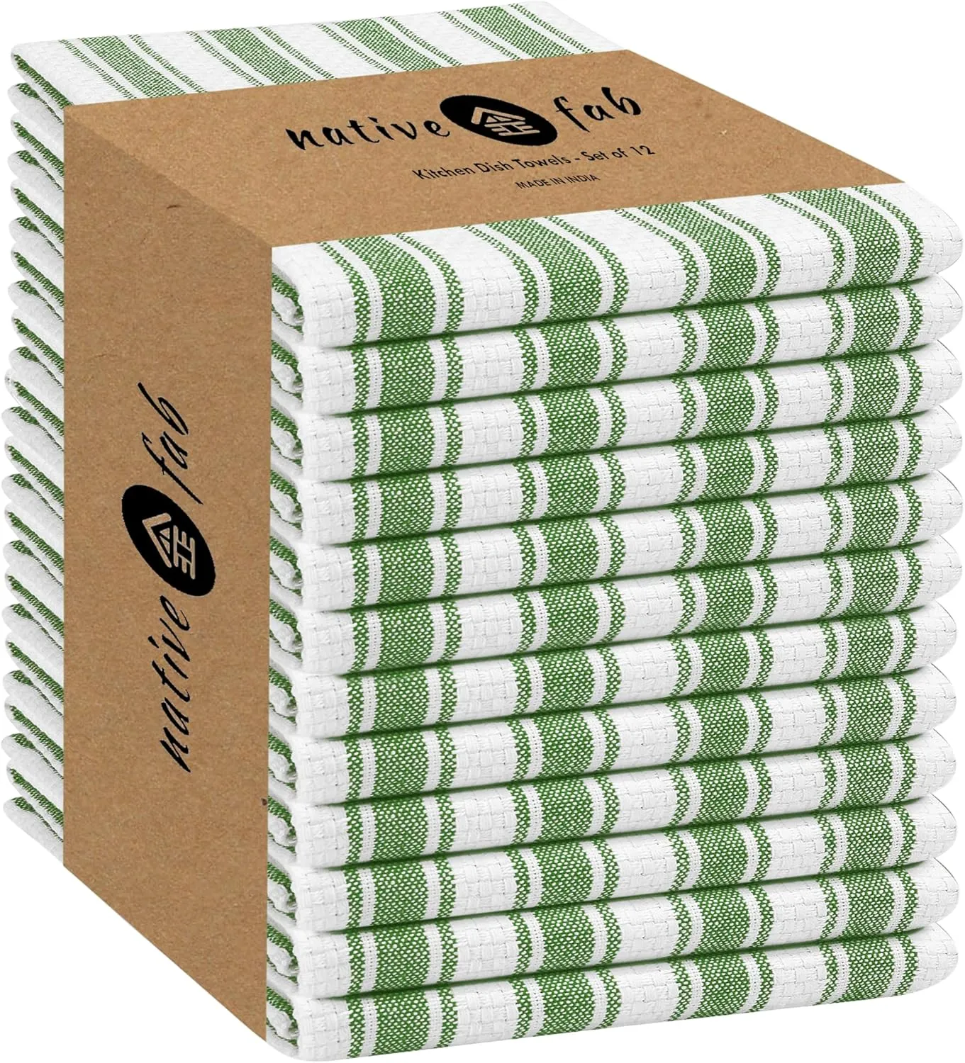 Native Fab Green Kitchen Towel - 12 Pack - 16x26 inches - Basket Weave Stripe Towels with Hanging Loop, Absorbent Cotton Towels for Cleaning, Drying Dishes, Washable Dish Cloths Set - Mint Green
