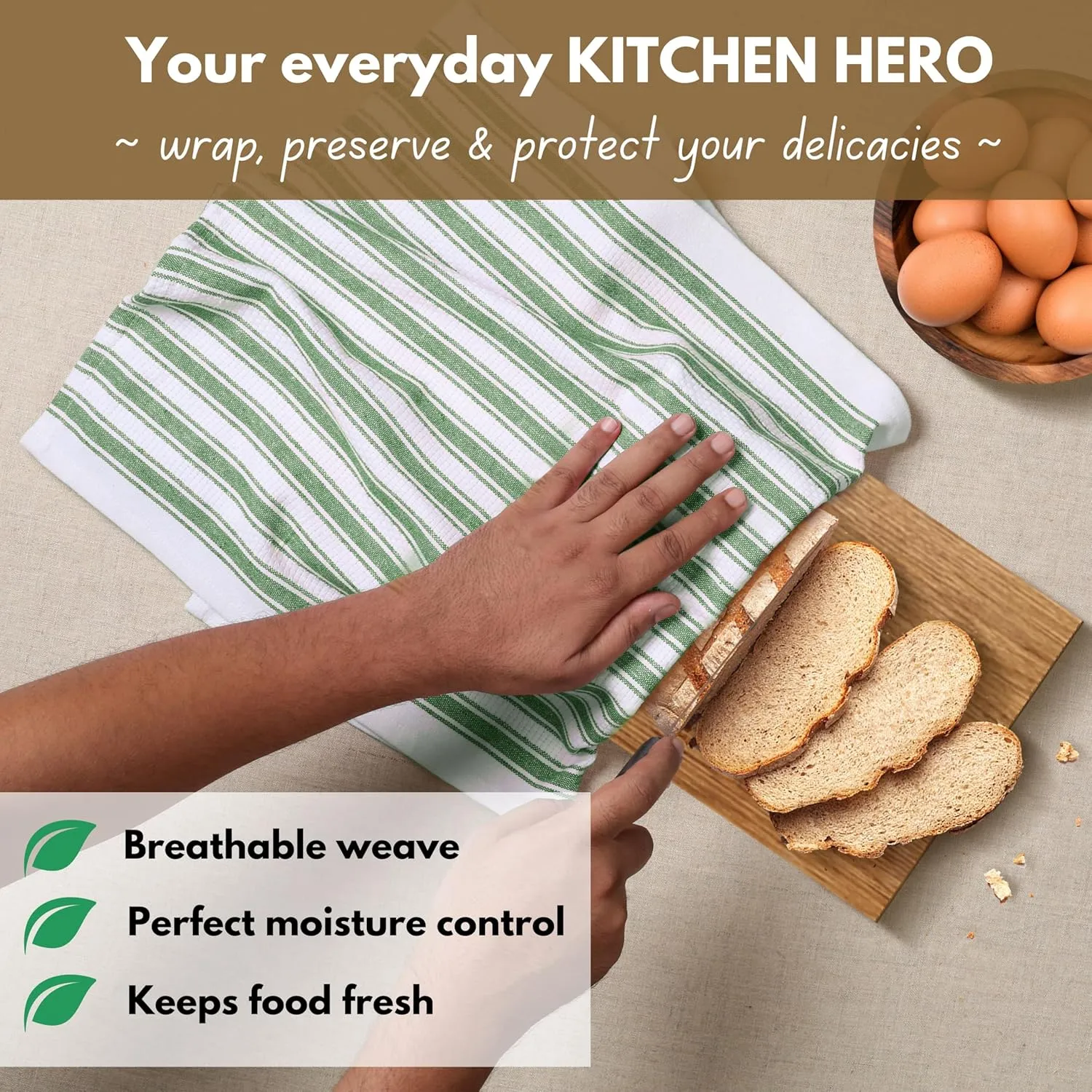 Native Fab Green Kitchen Towel - 12 Pack - 16x26 inches - Basket Weave Stripe Towels with Hanging Loop, Absorbent Cotton Towels for Cleaning, Drying Dishes, Washable Dish Cloths Set - Mint Green