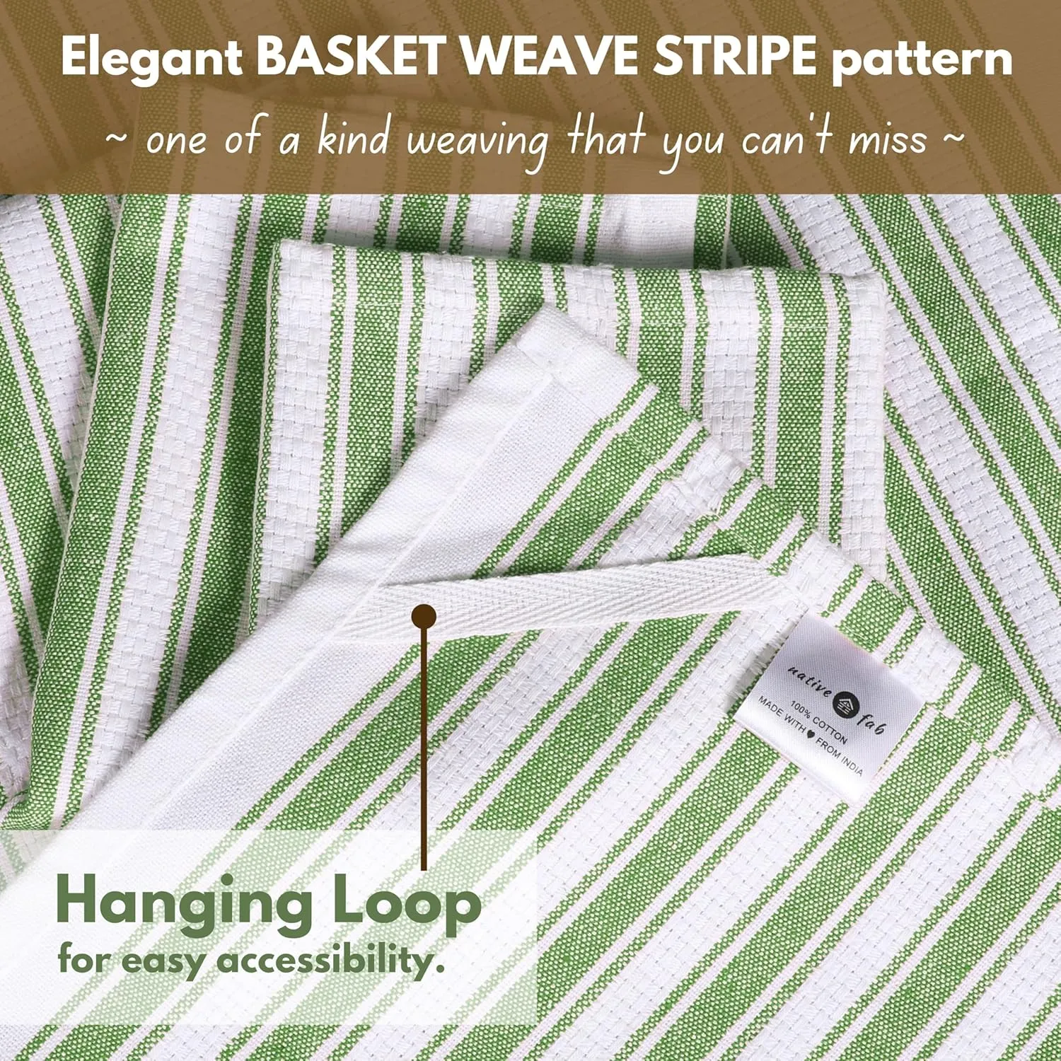 Native Fab Green Kitchen Towel - 12 Pack - 16x26 inches - Basket Weave Stripe Towels with Hanging Loop, Absorbent Cotton Towels for Cleaning, Drying Dishes, Washable Dish Cloths Set - Mint Green