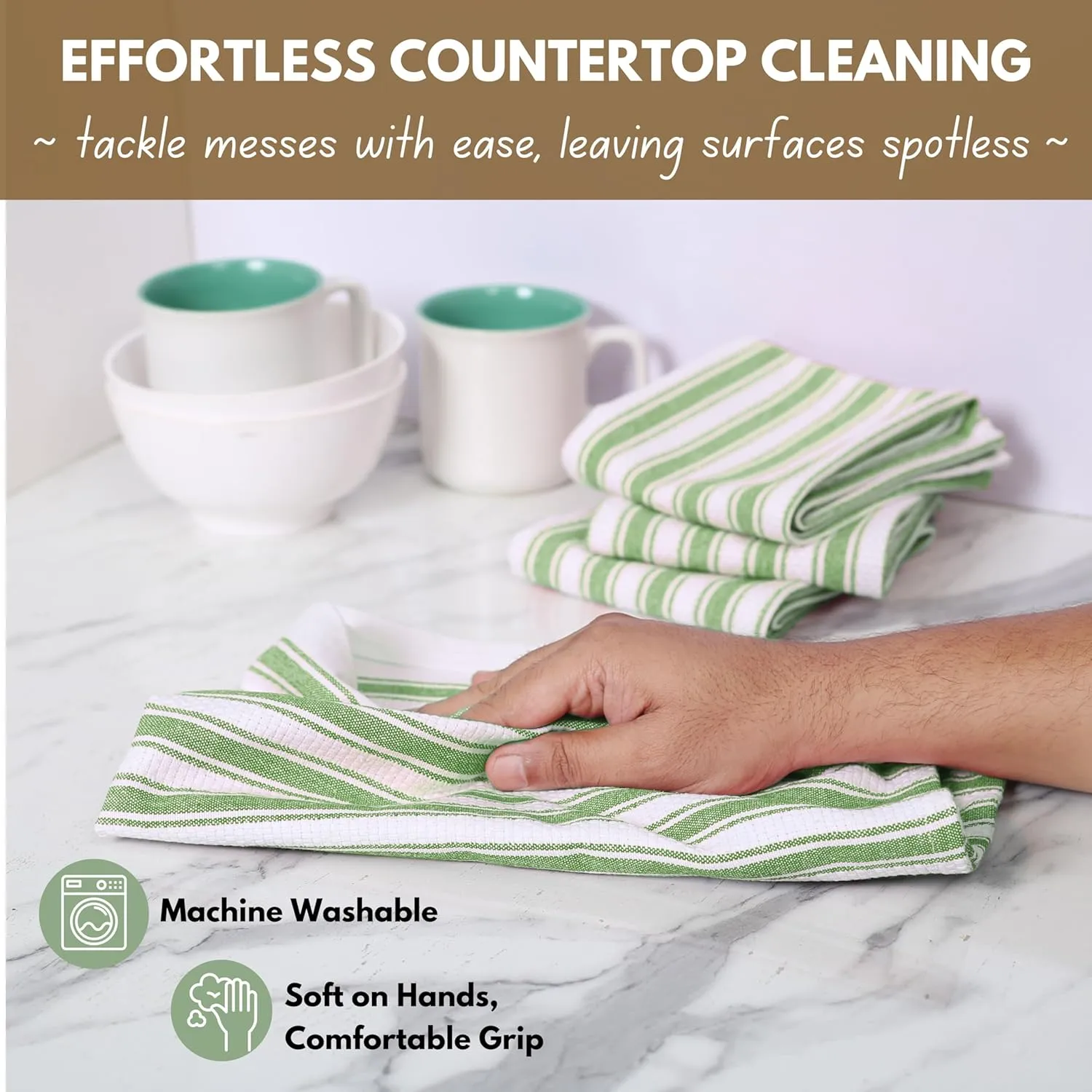 Native Fab Green Kitchen Towel - 12 Pack - 16x26 inches - Basket Weave Stripe Towels with Hanging Loop, Absorbent Cotton Towels for Cleaning, Drying Dishes, Washable Dish Cloths Set - Mint Green