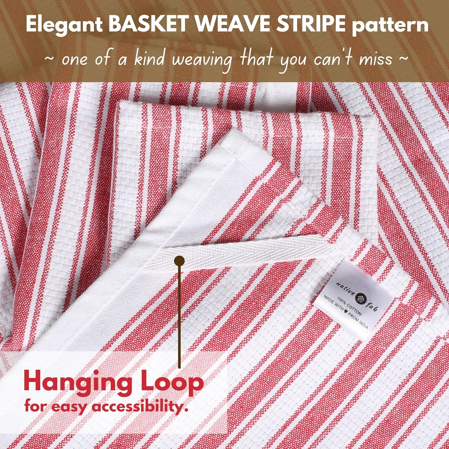 Native Fab Stripe Kitchen Towels - 100% Cotton - 12 Pack - 16"x26" - Basket Weave Striped Tea Towels, Dish Cloths for Drying Dishes, Absorbent, Quick Dry Towels Set with Hanging Loop - Red White