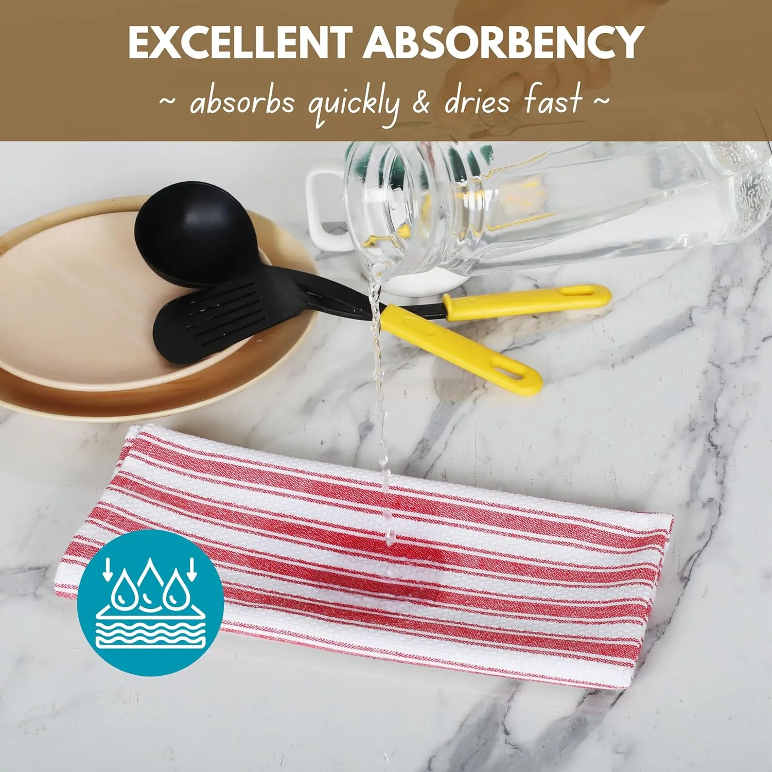 Native Fab Stripe Kitchen Towels - 100% Cotton - 12 Pack - 16"x26" - Basket Weave Striped Tea Towels, Dish Cloths for Drying Dishes, Absorbent, Quick Dry Towels Set with Hanging Loop - Red White