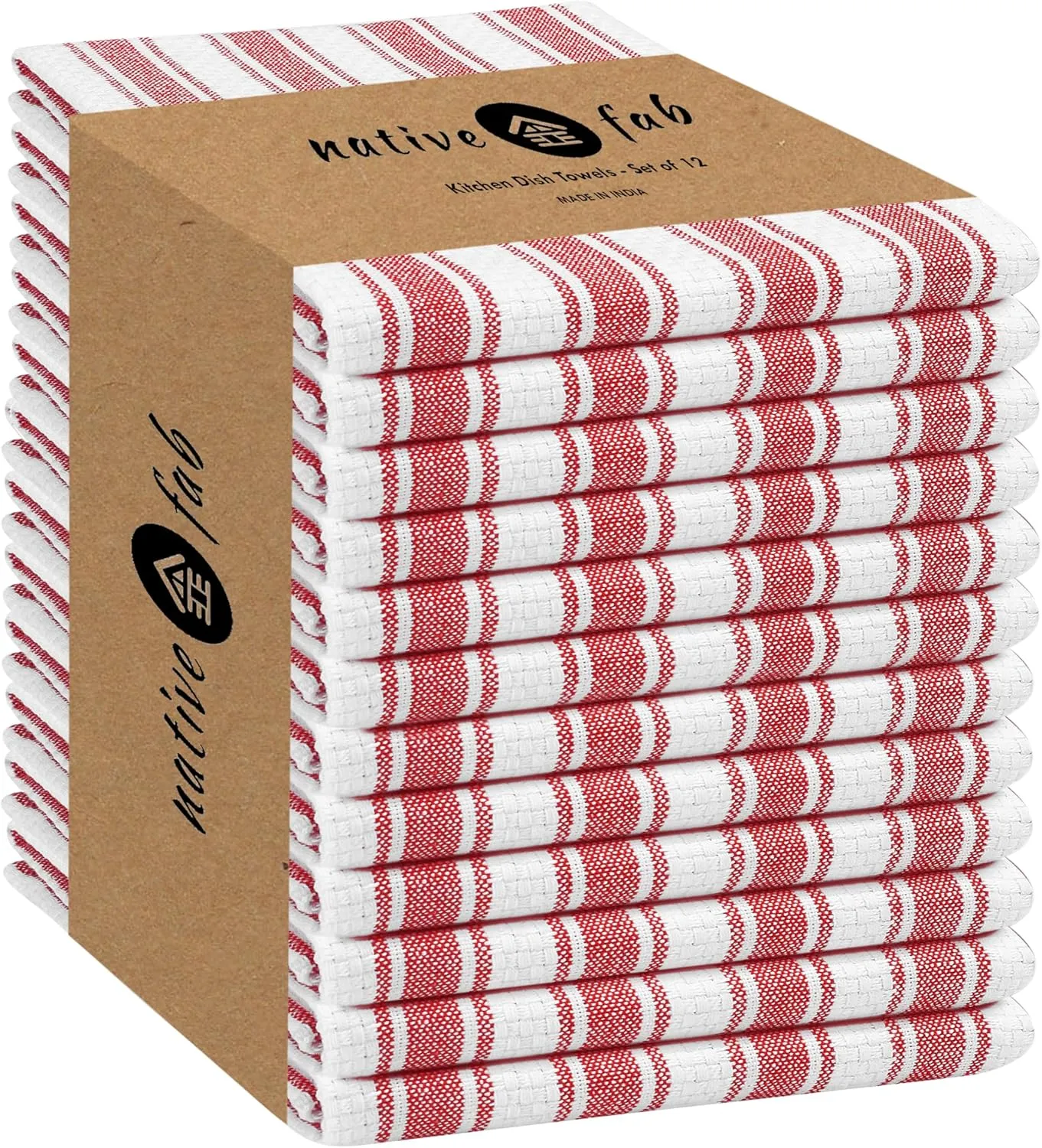 Native Fab Stripe Kitchen Towels - 100% Cotton - 12 Pack - 16"x26" - Basket Weave Striped Tea Towels, Dish Cloths for Drying Dishes, Absorbent, Quick Dry Towels Set with Hanging Loop - Red White