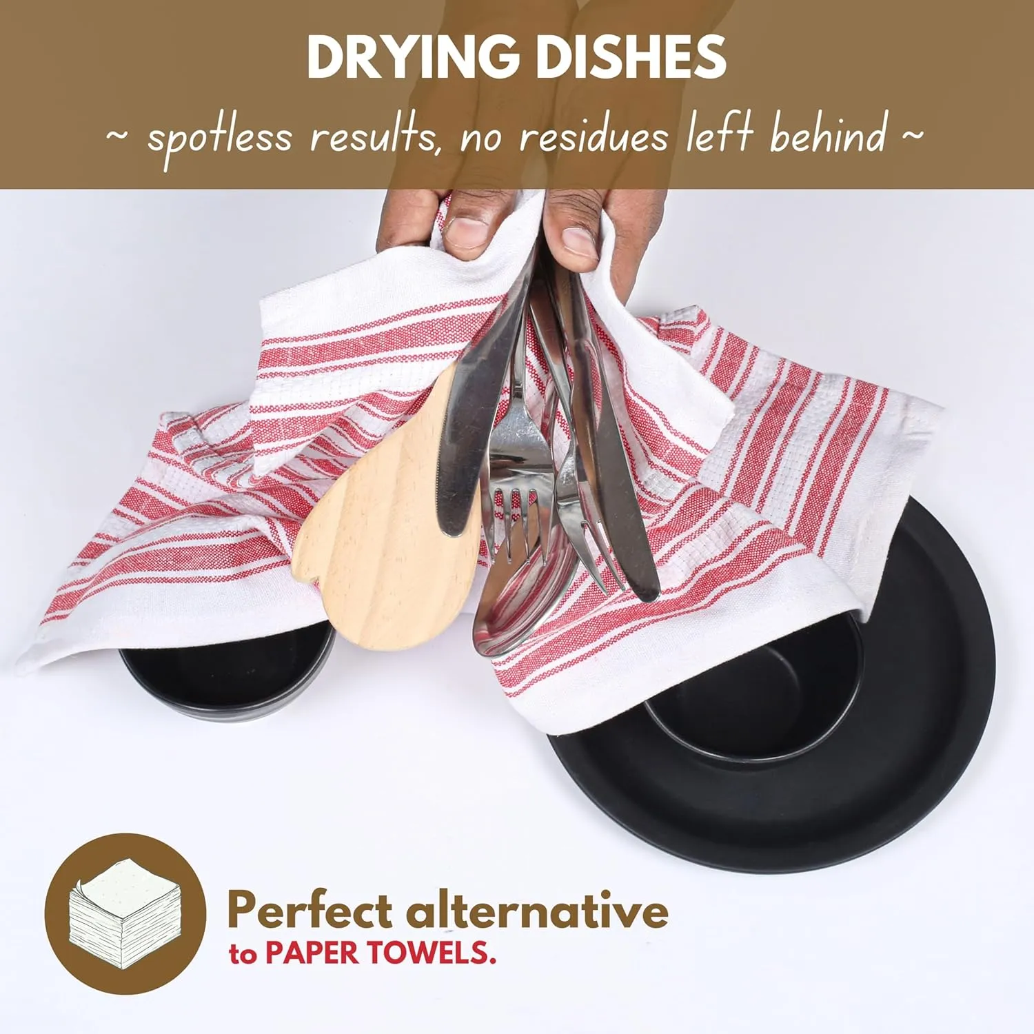 Native Fab Stripe Kitchen Towels - 100% Cotton - 12 Pack - 16"x26" - Basket Weave Striped Tea Towels, Dish Cloths for Drying Dishes, Absorbent, Quick Dry Towels Set with Hanging Loop - Red White