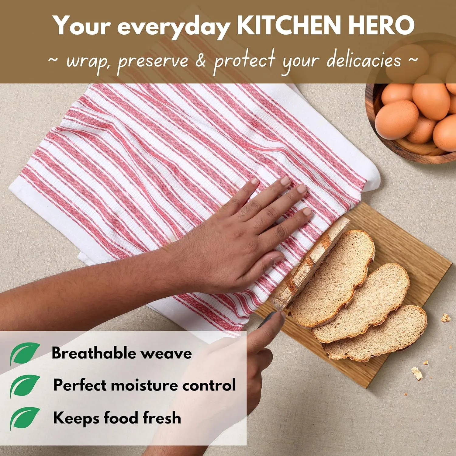 Native Fab Stripe Kitchen Towels - 100% Cotton - 12 Pack - 16"x26" - Basket Weave Striped Tea Towels, Dish Cloths for Drying Dishes, Absorbent, Quick Dry Towels Set with Hanging Loop - Red White