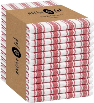 Native Fab Stripe Kitchen Towels - 100% Cotton - 12 Pack - 16"x26" - Basket Weave Striped Tea Towels, Dish Cloths for Drying Dishes, Absorbent, Quick Dry Towels Set with Hanging Loop - Red White