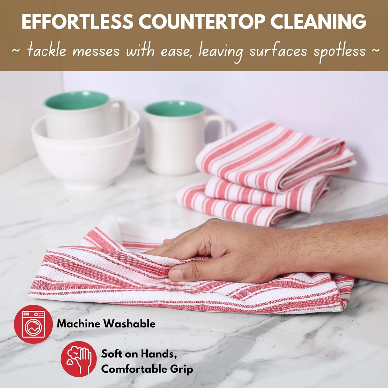 Native Fab Stripe Kitchen Towels - 100% Cotton - 12 Pack - 16"x26" - Basket Weave Striped Tea Towels, Dish Cloths for Drying Dishes, Absorbent, Quick Dry Towels Set with Hanging Loop - Red White