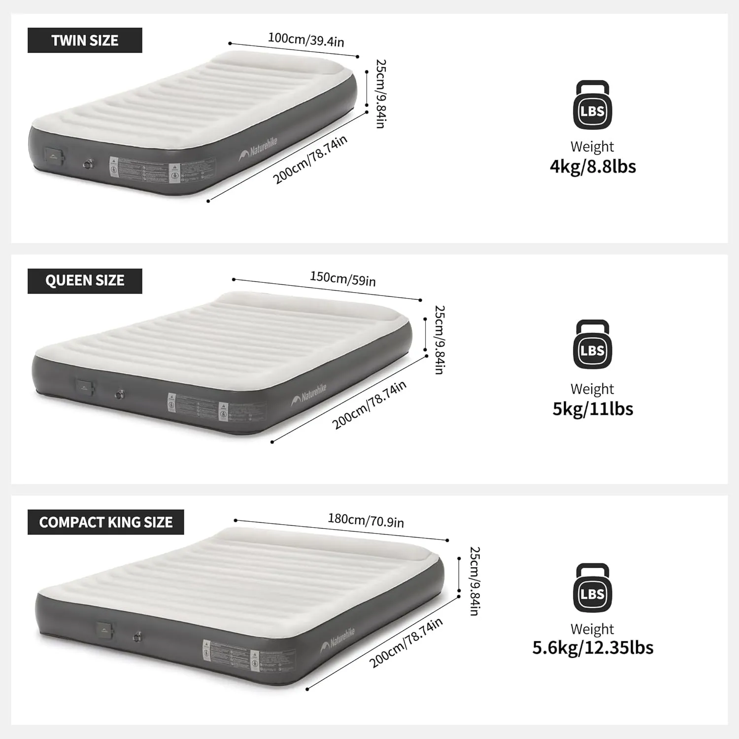 Naturehike Pillow Top Plush Twin Air Mattress with Rechargeable Built-in Electric Pump, Blow Up Bed with Annular Air Column Structure, Inflatable Airbed for Home, Camping, Guests