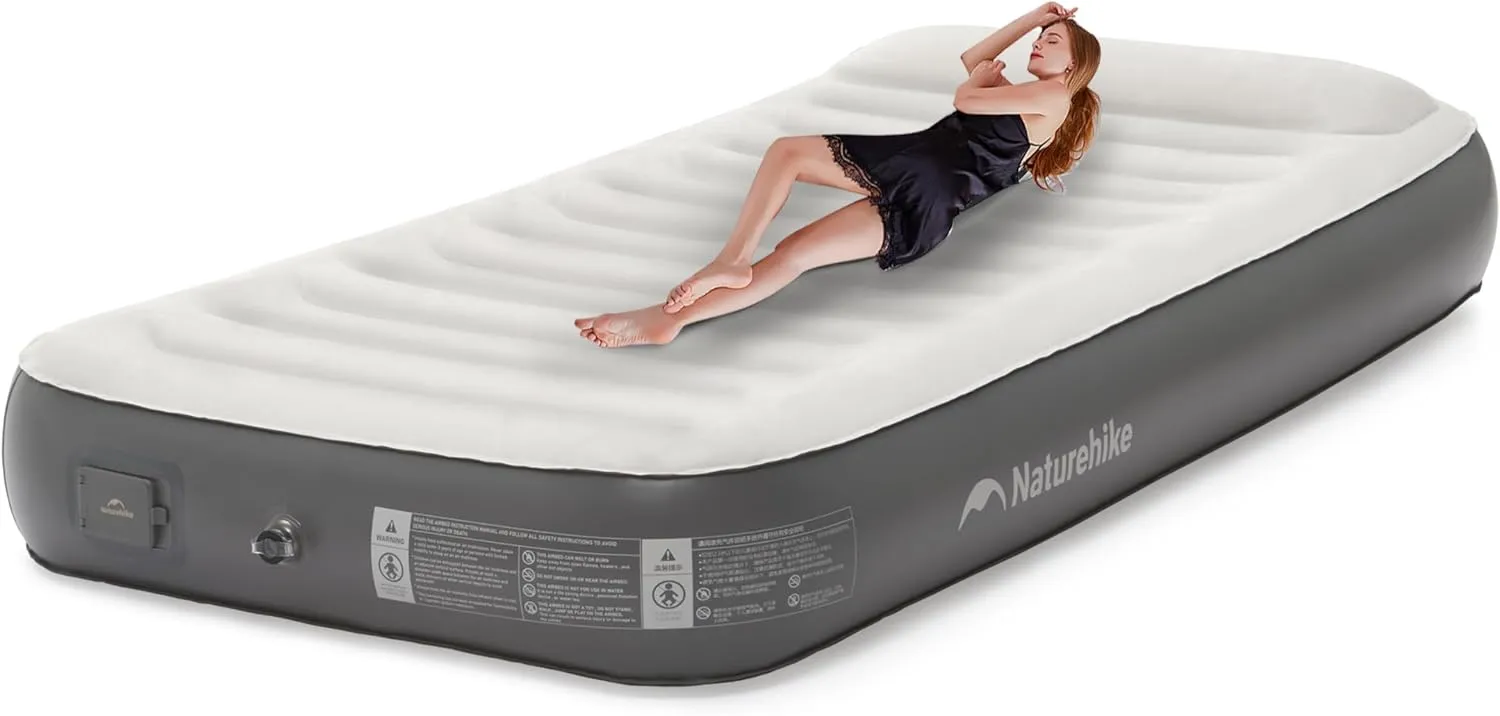 Naturehike Pillow Top Plush Twin Air Mattress with Rechargeable Built-in Electric Pump, Blow Up Bed with Annular Air Column Structure, Inflatable Airbed for Home, Camping, Guests