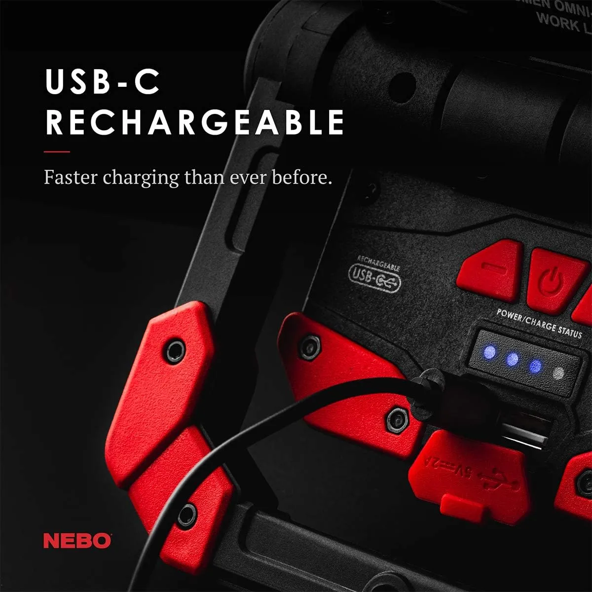 NEBO OMNI 2K Rechargeable Work Light | 2000 Lumens COB, 6 Light Modes, Rotating Magnetic Handles, Built-In Power Bank, Water Resistant, Portable Camping Lantern, Includes USB-C Charging Cable