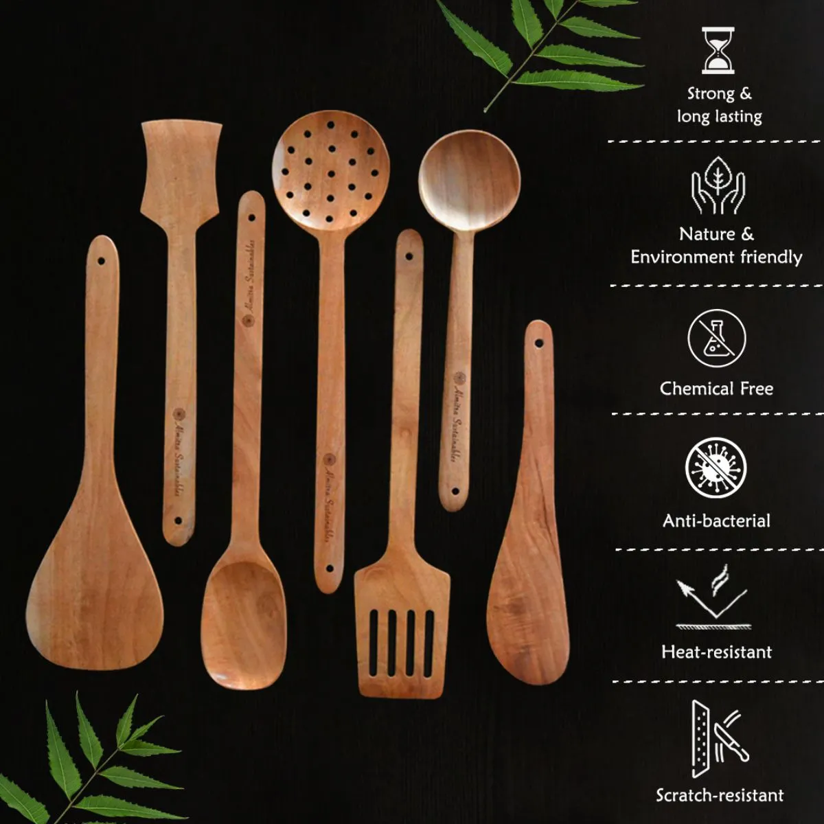 Neem Wood Kitchen Ladle Set | Anti-Bacterial | Scratch Resistant | Set Of 7