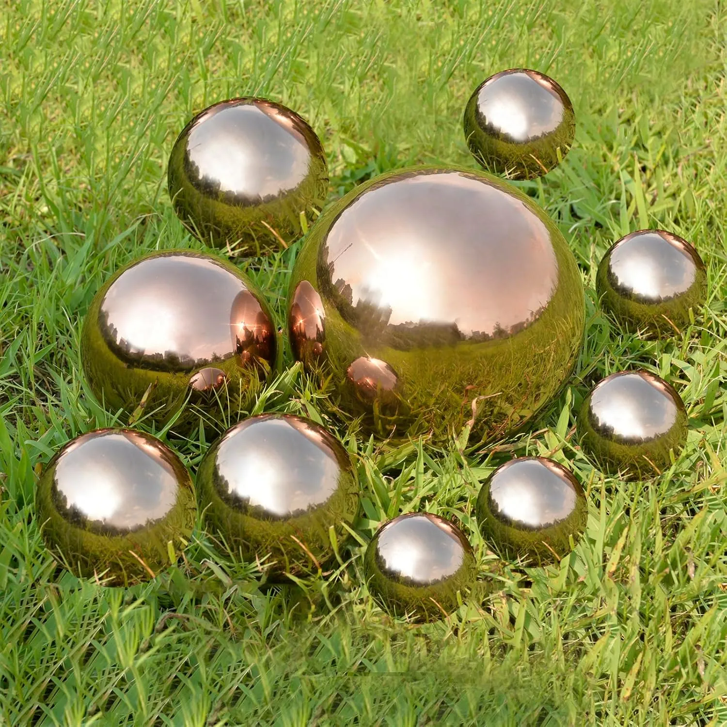 Nerien Gazing Ball, Stainless Steel Garden Mirror Globe, Polished Ornament Sphere, Hollow Floating Reflective Hemisphere, for Home Outdoor Pond Housewarming Swimming Pool Decoration, Rose Gold, 10Pcs