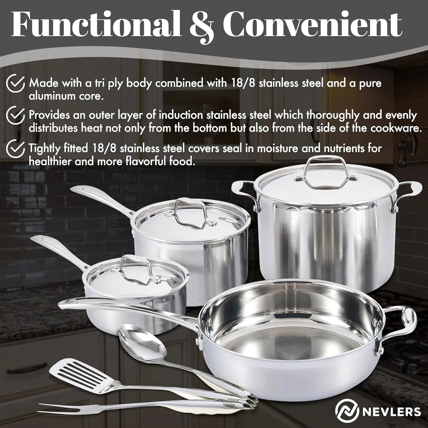 Nevlers 10 Piece Stainless Steel Pot and Pan Set | Tri Ply Stainless Steel Cookware Set with Aluminum Core | Premium Non Toxic Cookware | Safe & Durable Cooking Pots and Pans with Lids & Utensils