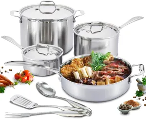 Nevlers 10 Piece Stainless Steel Pot and Pan Set | Tri Ply Stainless Steel Cookware Set with Aluminum Core | Premium Non Toxic Cookware | Safe & Durable Cooking Pots and Pans with Lids & Utensils