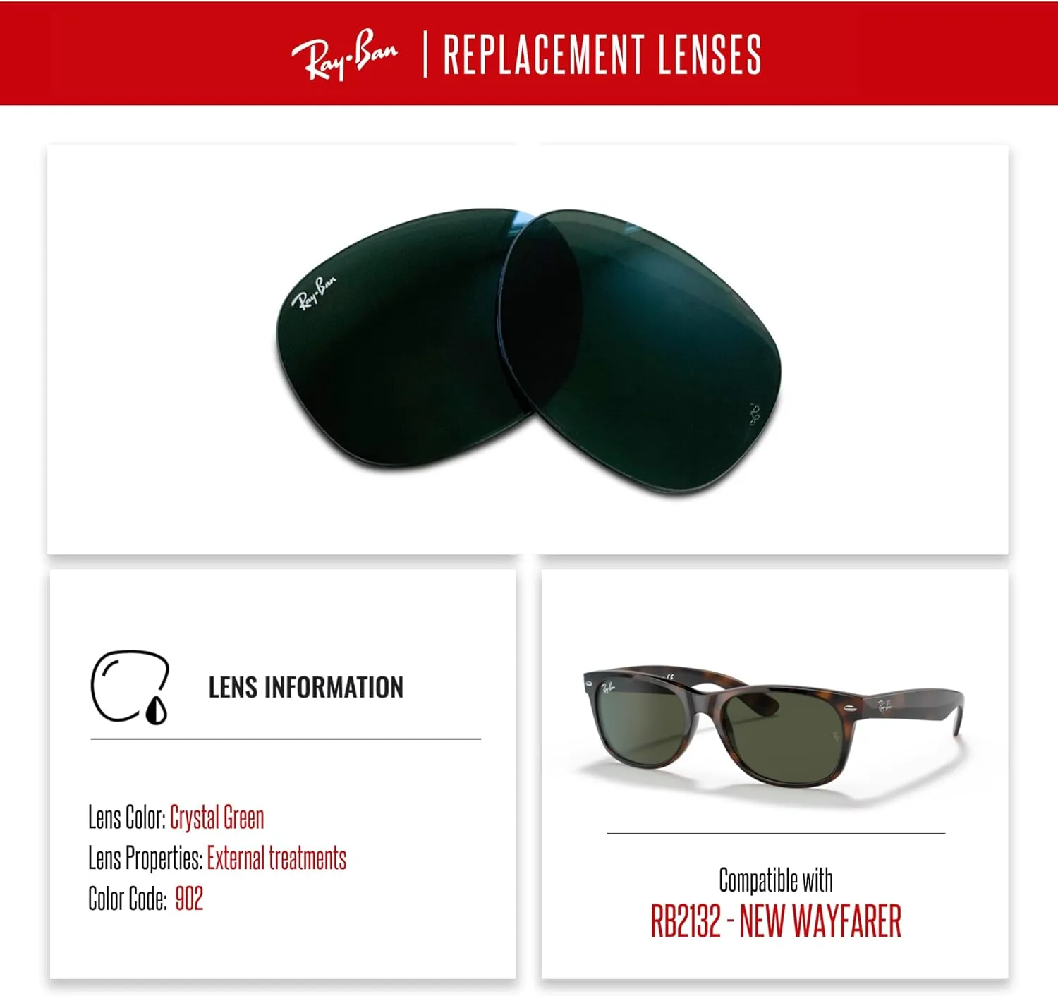 NEW RB2132 New Wayfarer Replacement Lenses For Men For Women  BUNDLE with Designer iWear Care Kit