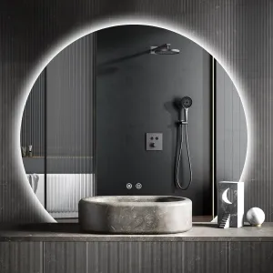 Niccy Half Moon Round LED Bathroom Mirror for Wall, 32" Irregular LED Mirror with Anti-Fog, 3-Color Adjustal, Dimmable, Semi Circle Frameless Makeup Mirror for Bathroom, Explosion-Proof