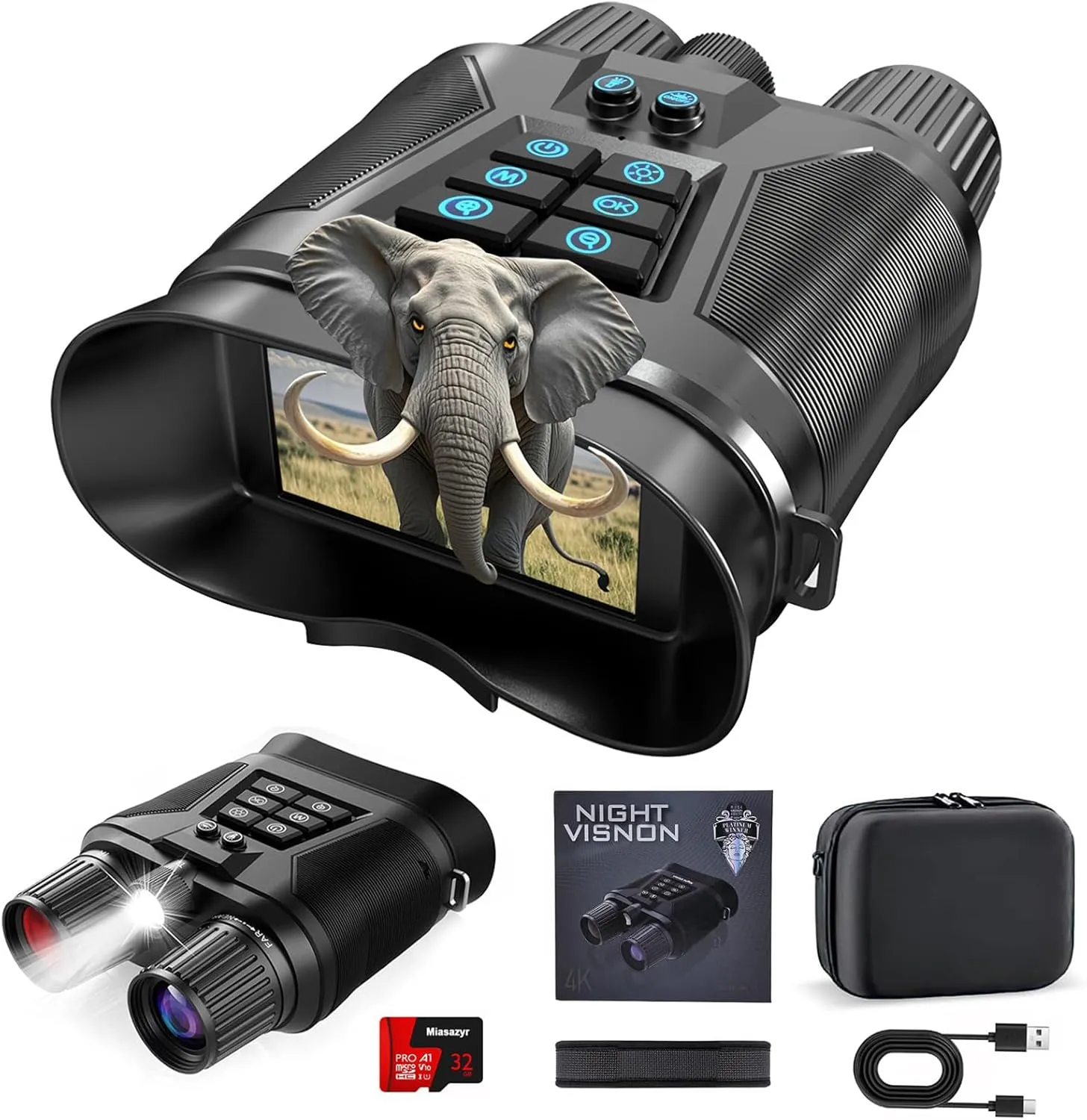 Night Vision Goggles - 4K Night Vision Binoculars for Adults, 3'' Large Screen Digital Binoculars with External Flashlight, 8X Zoom, 5000mAh Rechargeable, 32GB TF Card for Photo and Video