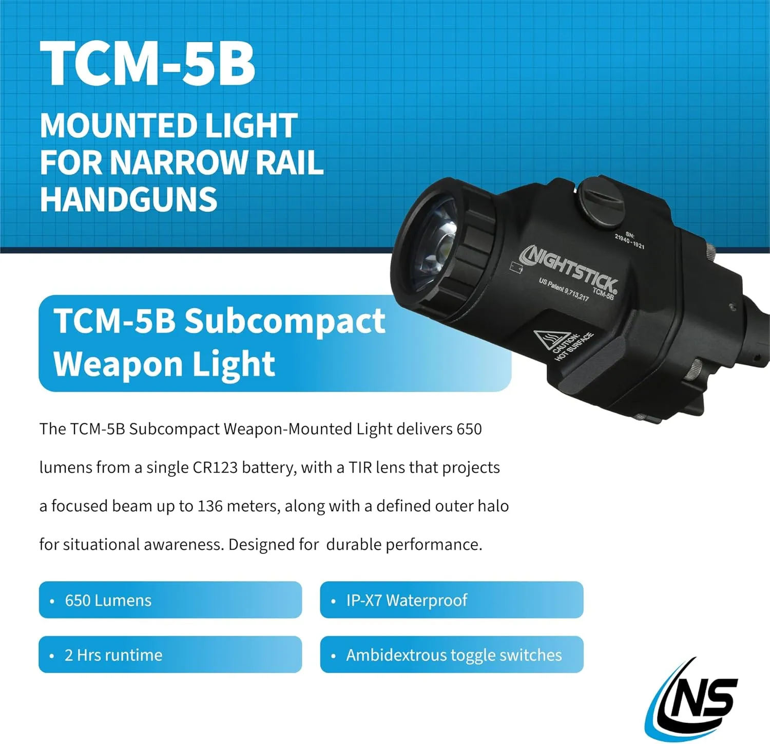 Nightstick TCM-5B Subcompact Handgun Light, Short/Narrow Rail Models - 1 CR123 - Black