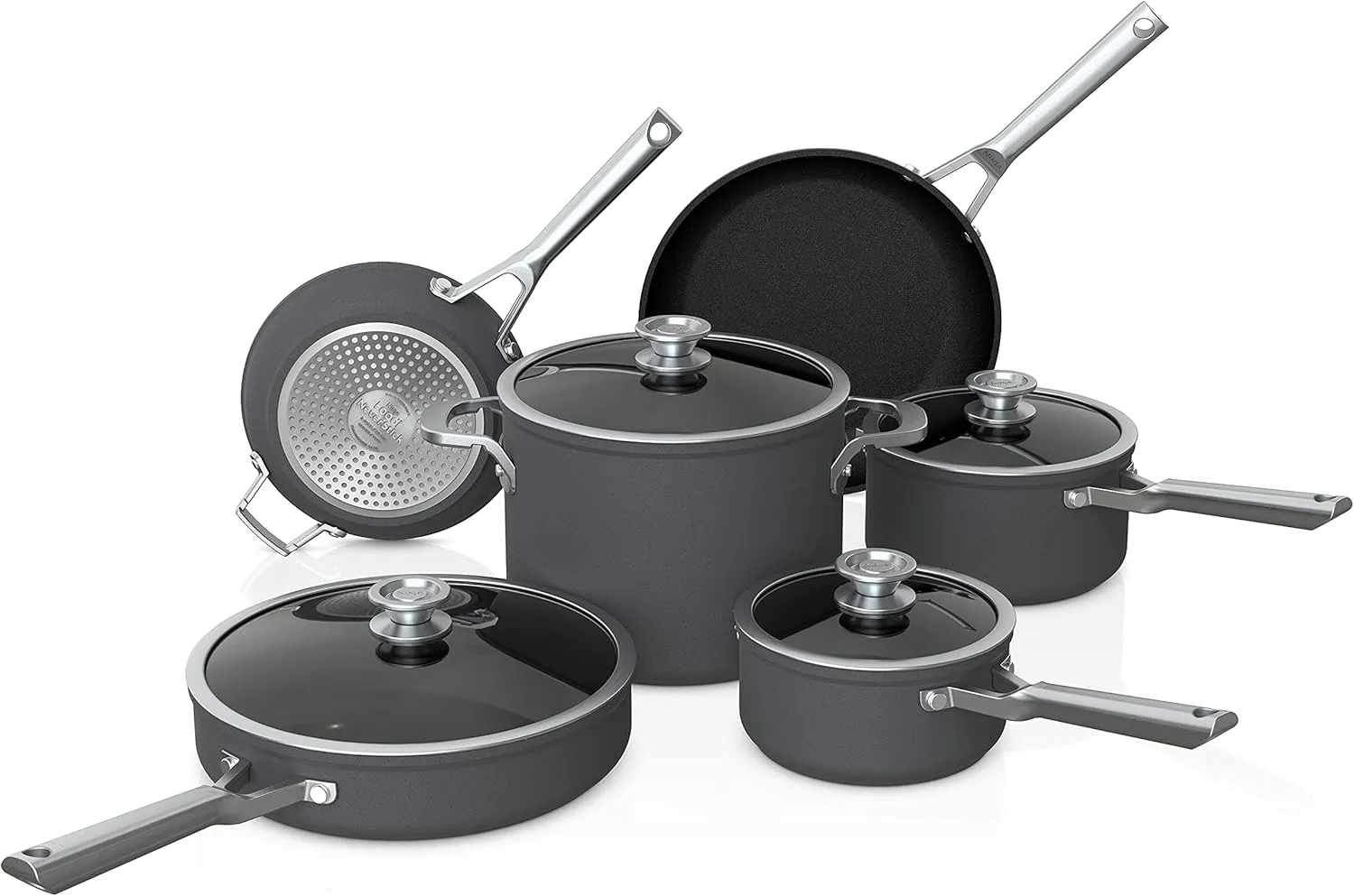 Ninja NeverStick Premium 10 Piece Pots & Frying Pans Set, with Glass Lids, Nesting, Hard Anodized, Kitchen Cookware Sets Nonstick, Durable & Oven Safe to 500°F, Slate Grey, C59500