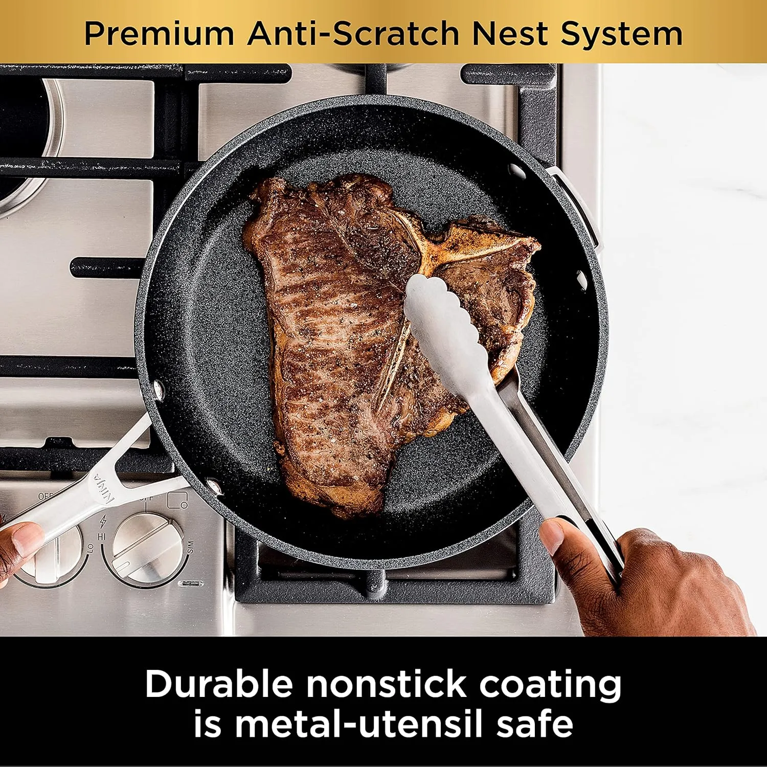 Ninja NeverStick Premium 10 Piece Pots & Frying Pans Set, with Glass Lids, Nesting, Hard Anodized, Kitchen Cookware Sets Nonstick, Durable & Oven Safe to 500°F, Slate Grey, C59500