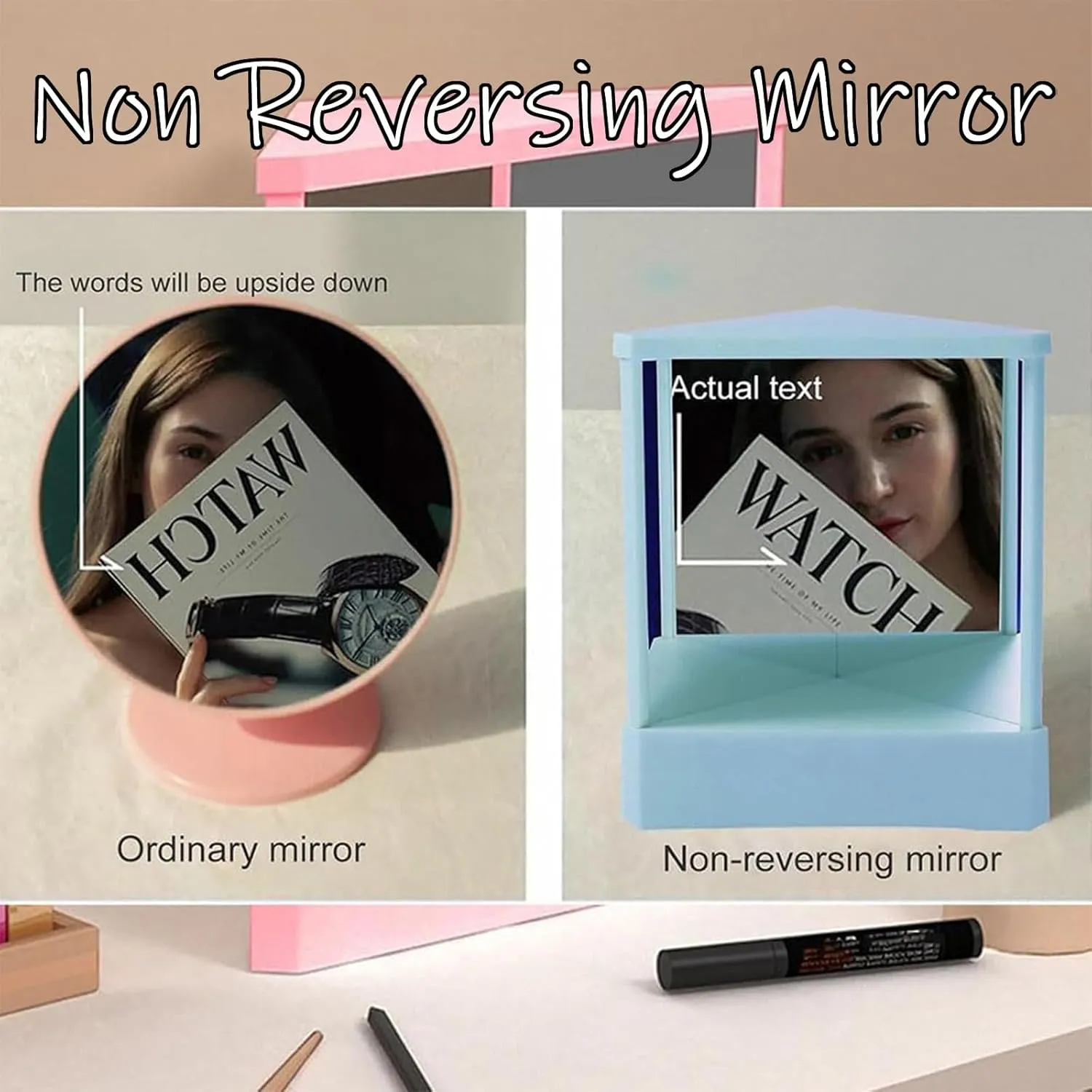 Non Reversing Mirror, Inverted Mirror, Standing Cosmetic Stand Mirror, Precision True Images Real Reflection, Desktop Mirror Tabletop Mirror for Makeup Vanity & Beauty (Black, 5.5 * 6.7in)