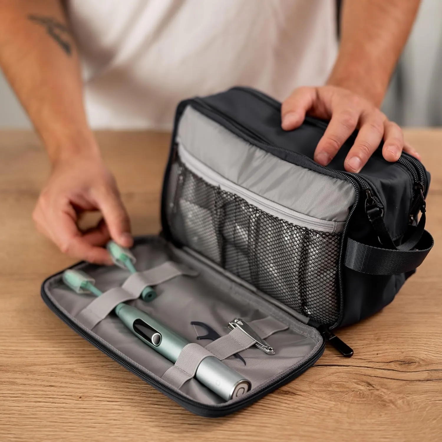 (Not Made In China) Toiletry Bag For Men, Travel Organizer and Dopp Kit, Waterproof Shaving Bag for Toiletries and Accessories, Interior Compartments and Pockets (Black)