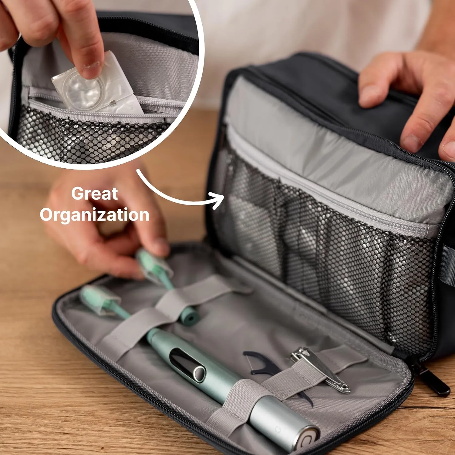 (Not Made In China) Toiletry Bag For Men, Travel Organizer and Dopp Kit, Waterproof Shaving Bag for Toiletries and Accessories, Interior Compartments and Pockets (Black)