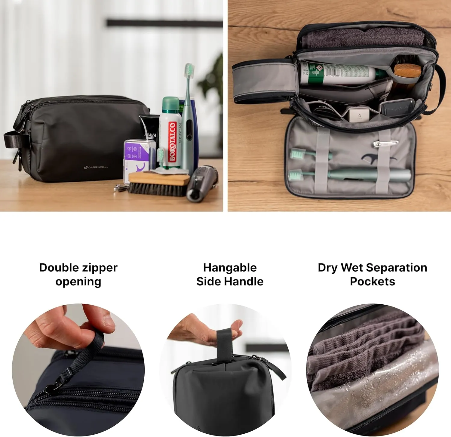 (Not Made In China) Toiletry Bag For Men, Travel Organizer and Dopp Kit, Waterproof Shaving Bag for Toiletries and Accessories, Interior Compartments and Pockets (Black)